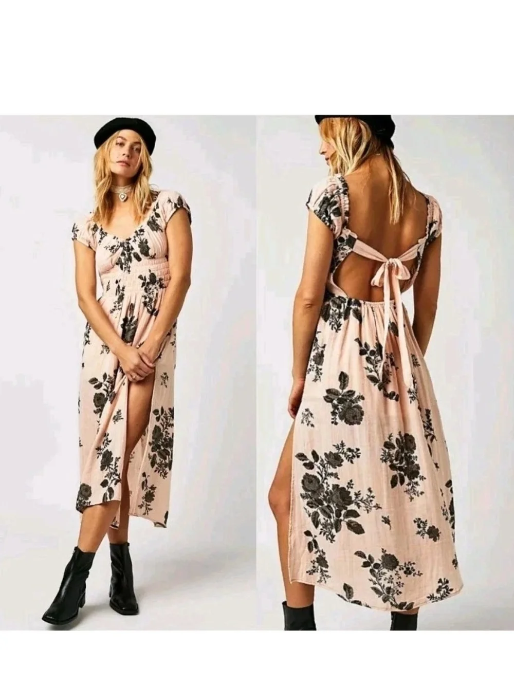 💐Free People Forget Me Not Midi Dress Sz M Peach Floral Cottagecore Smock Boho - Picture 2 of 16